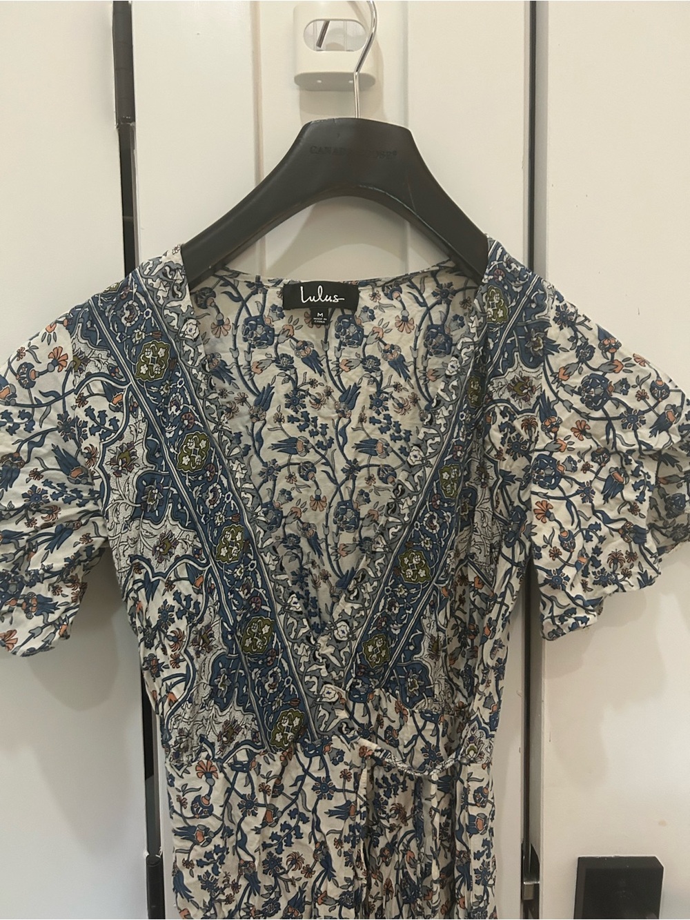 Lulu's Blue, Cream and Olive Floral Wrap dress
